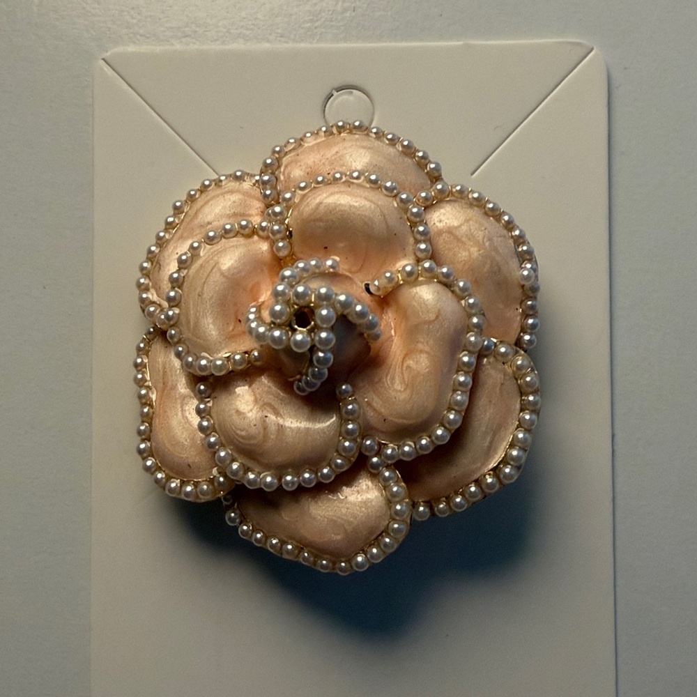 Boutique Pale Pink Enamel and Faux Pearl Camellia Flower Brooch
